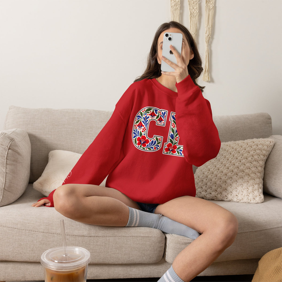 Chile Floral Monogram Crewneck | Chilean Heritage Pride Sweatshirt