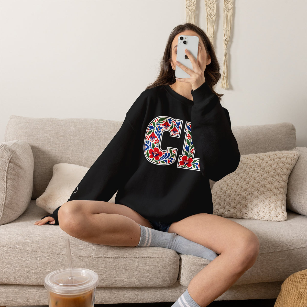 Chile Floral Monogram Crewneck | Chilean Heritage Pride Sweatshirt