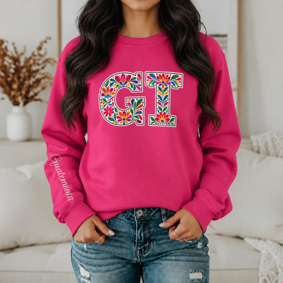 Guatemala Floral Monogram Crewneck | Guatemalan Heritage Pride Sweatshirt