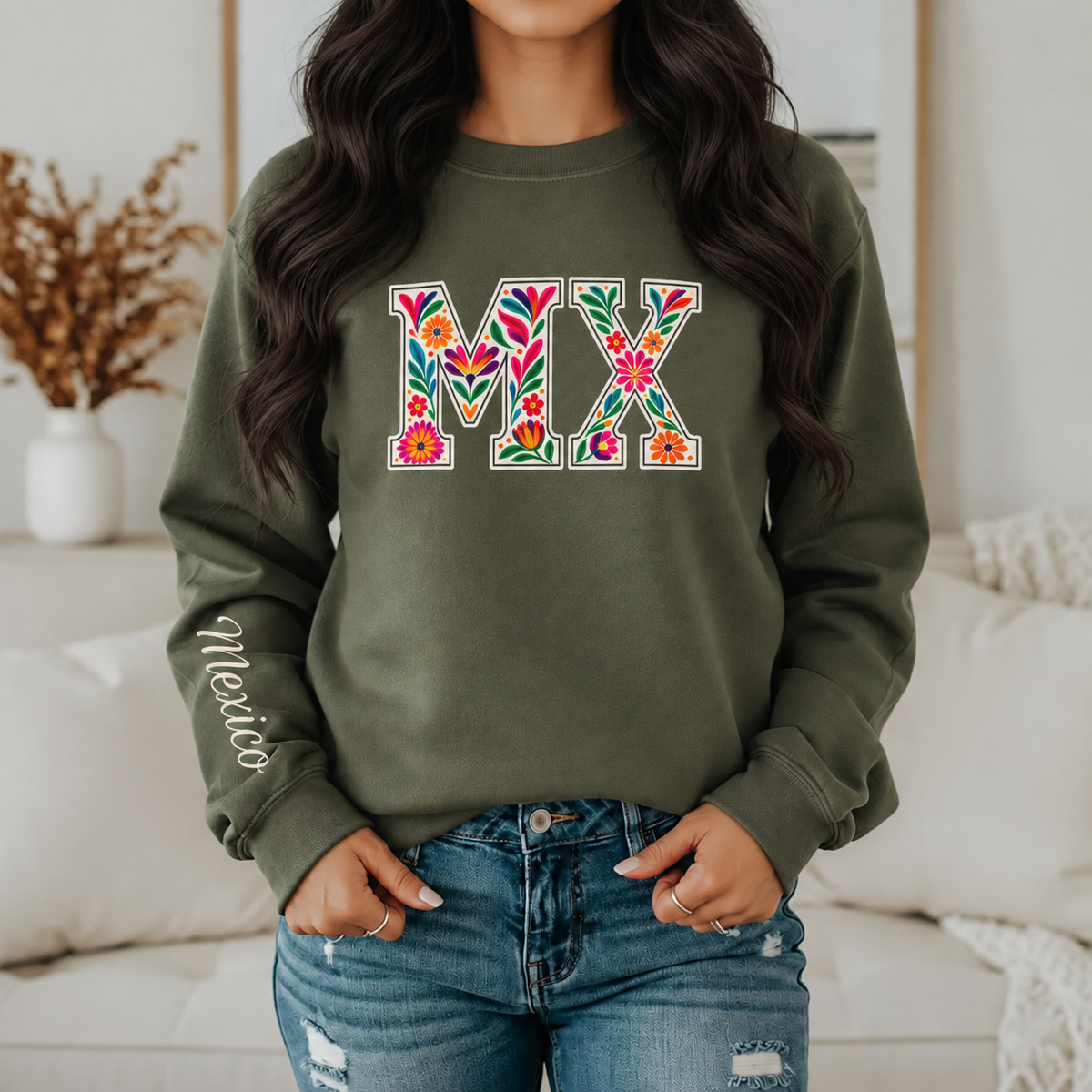 Mexico Floral Monogram Crewneck | Mexican Heritage Pride Sweatshirt