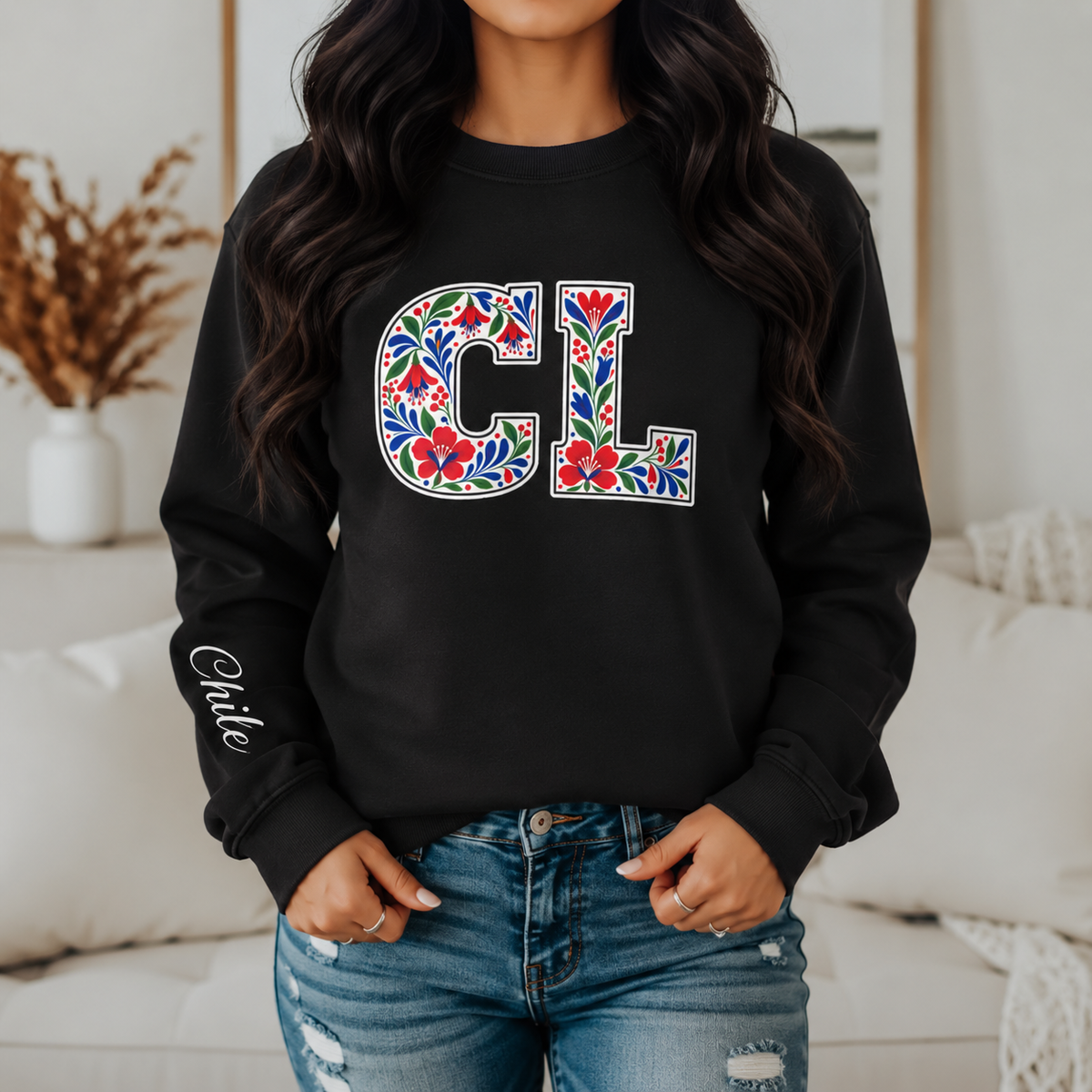 Chile Floral Monogram Crewneck | Chilean Heritage Pride Sweatshirt