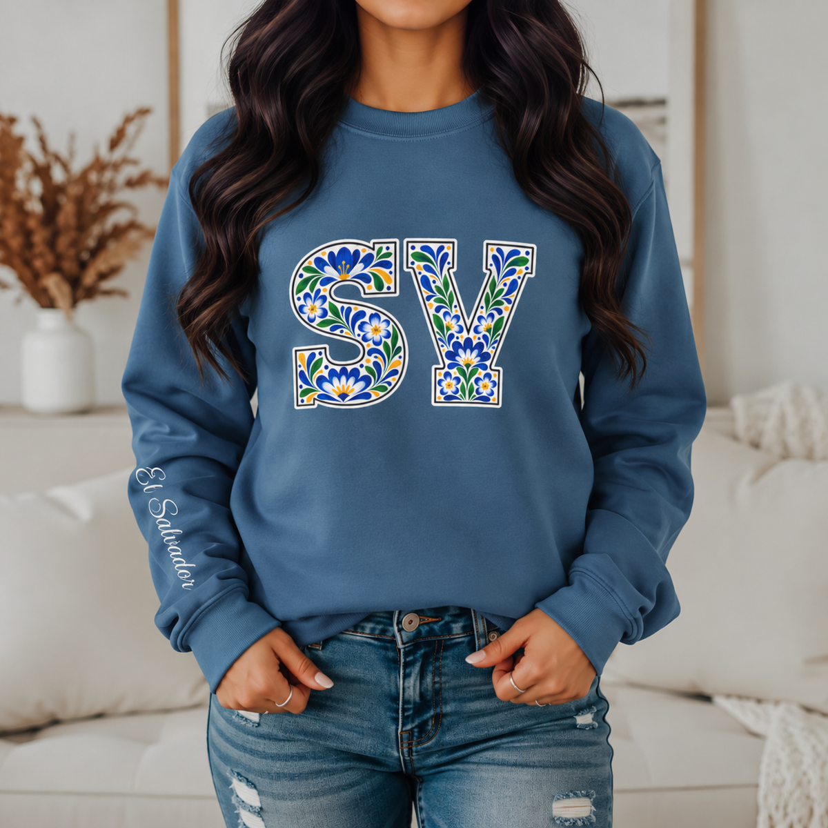 El Salvador Floral Monogram Crewneck | Salvadoran Pride Sweatshirt