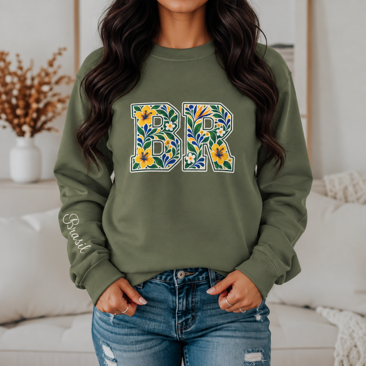 Brazil Floral Monogram Crewneck | Brazilian Heritage Pride Sweatshirt
