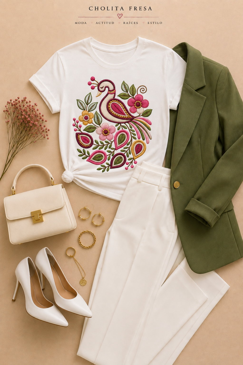 Peacock Floral Embroidery-Look Tee | Pavorreal Folk Art Shirt, Camiseta Bordado Floral, Latina Boho Gift