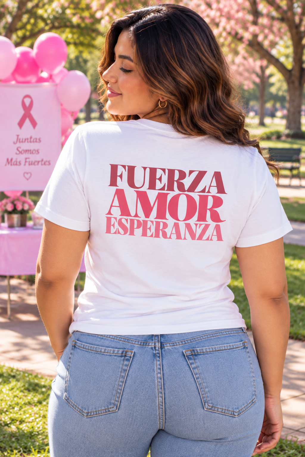 Floral Ribbon Breast Cancer Awareness T-Shirt | Fuerza Amor Esperanza