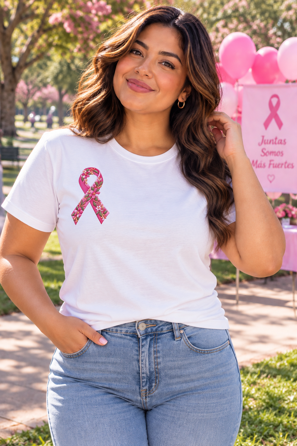 Floral Ribbon Breast Cancer Awareness T-Shirt | Fuerza Amor Esperanza