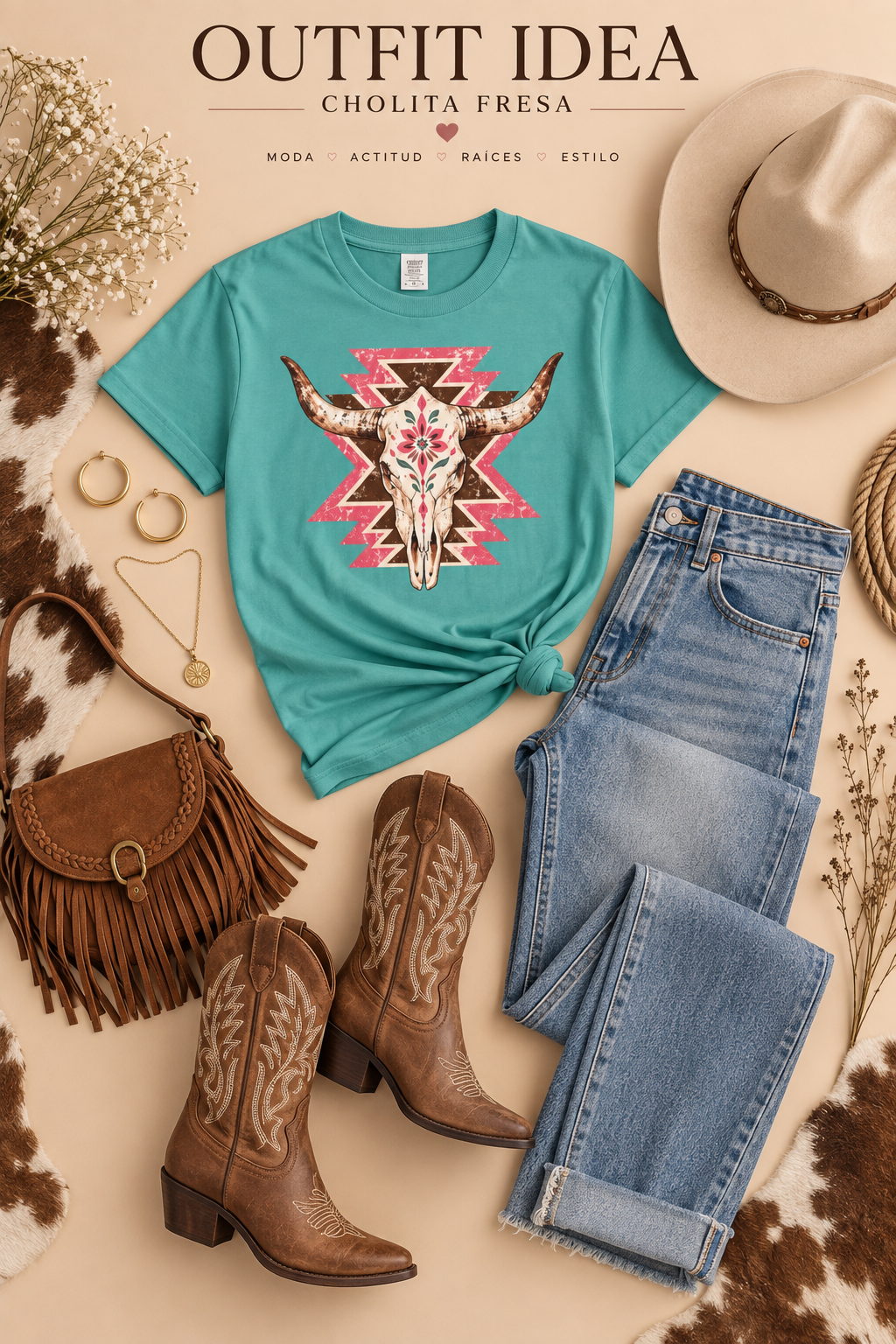 Vaquera Rosa Western Cow Skull Tee | Floral Southwestern Cowgirl Shirt