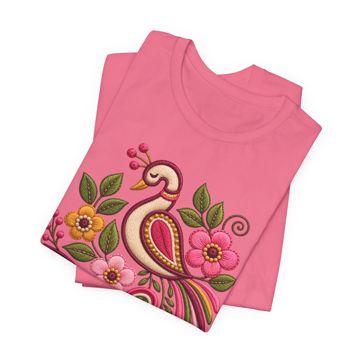 Peacock Floral Embroidery-Look Tee | Pavorreal Folk Art Shirt, Camiseta Bordado Floral, Latina Boho Gift