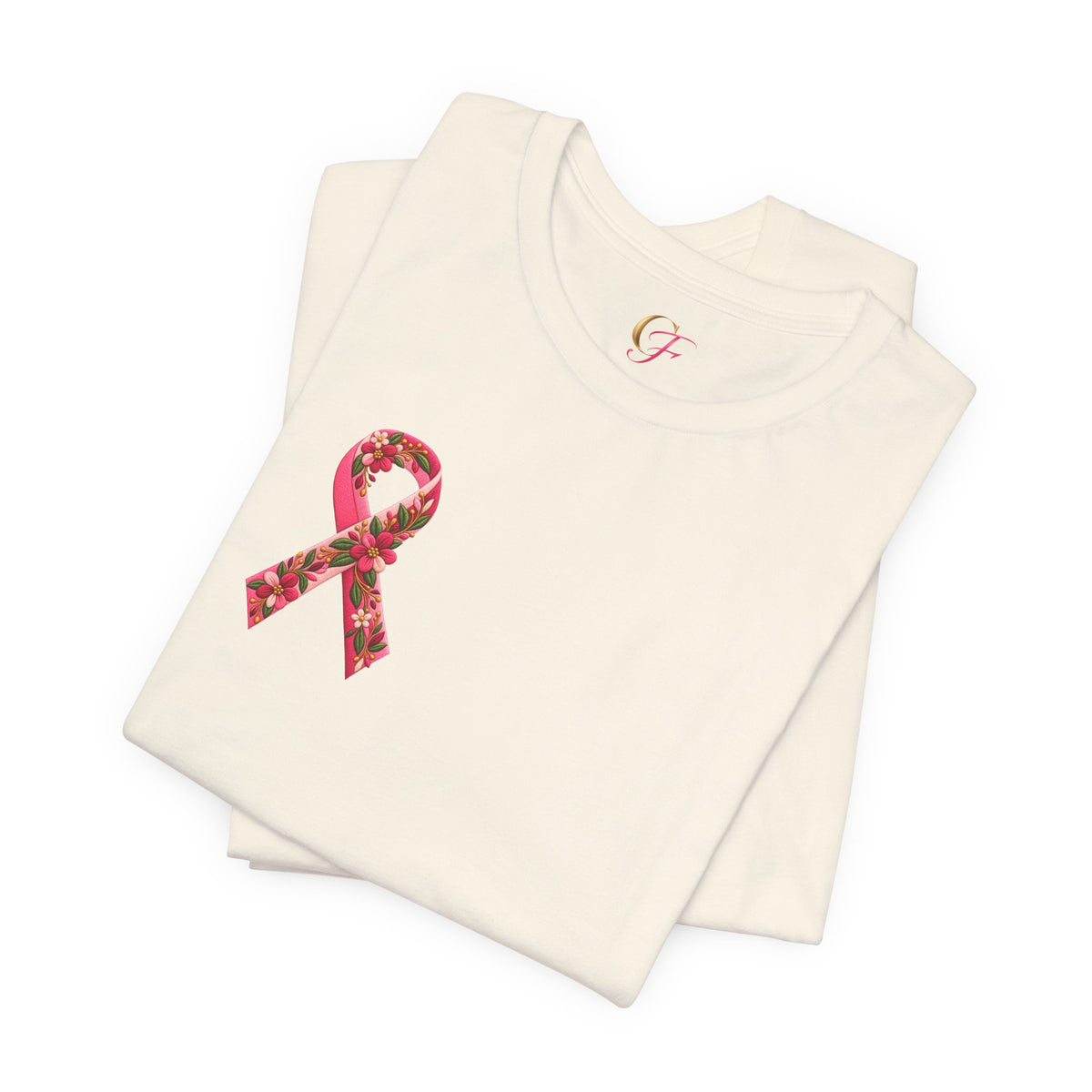 Floral Ribbon Breast Cancer Awareness T-Shirt | Fuerza Amor Esperanza