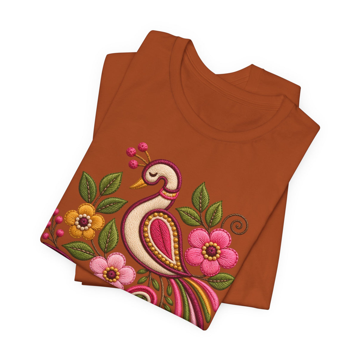 Peacock Floral Embroidery-Look Tee | Pavorreal Folk Art Shirt, Camiseta Bordado Floral, Latina Boho Gift