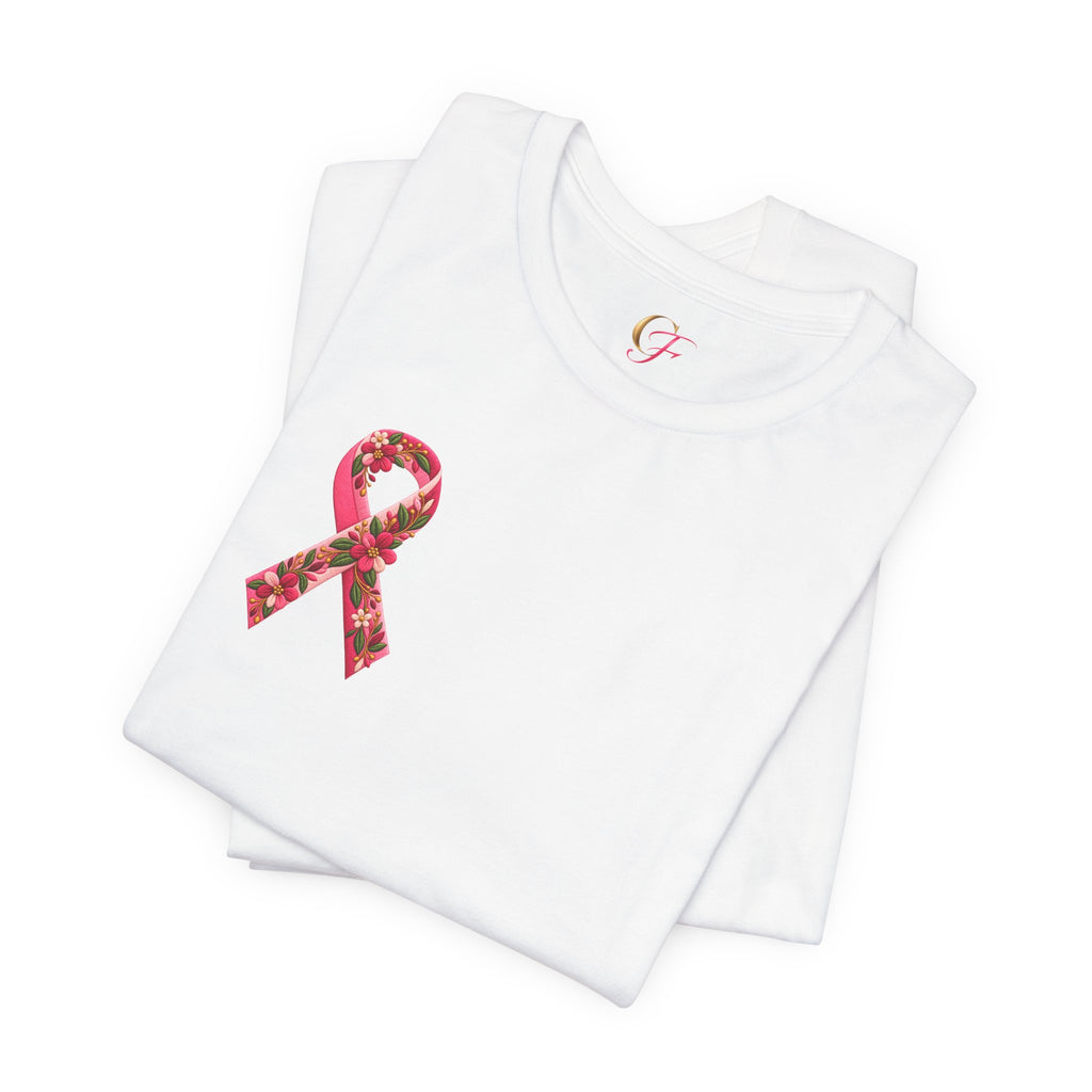 Floral Ribbon Breast Cancer Awareness T-Shirt | Fuerza Amor Esperanza