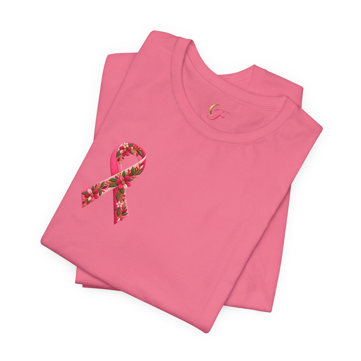 Floral Ribbon Breast Cancer Awareness T-Shirt | Fuerza Amor Esperanza